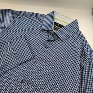 Tom Baine Mens Performance Slim Fit Button Down Shirt Navy Blue Check Large 16.5